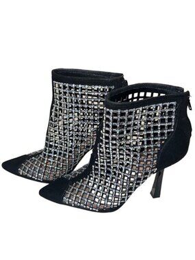 INC Senalda Black Suede Trim Rhinestone Back Zip Ankle Bootie Size 6.5 NWT